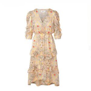 ba&sh Paris Happy Dress | Boho Ruffle Tiered Midi | Earth-Tone Floral | Small